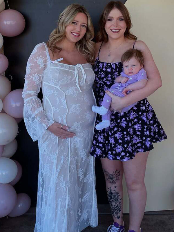 Momsmood White Lace Corset Square Neck Flare Sleeve Off Shoulder Bodycon Maternity Maxi Dress/Gown