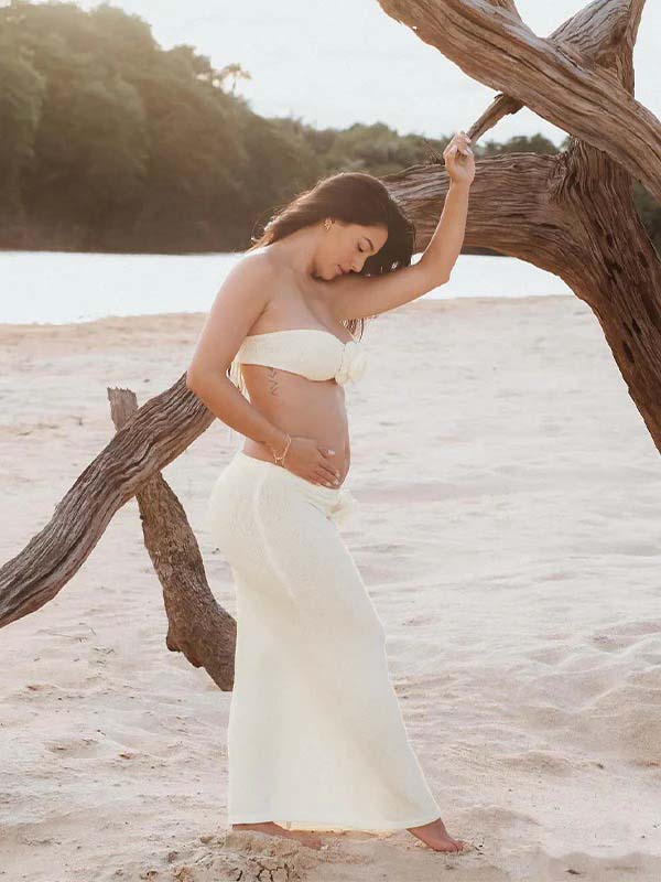 Beige 2-in-1 3D Flowers Knit Backless Photoshoot  Maternity Maxi Dress