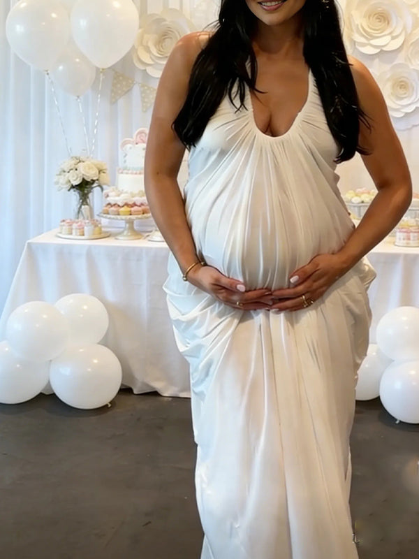White Halter Neck V-Neck Backless Ruched Mesh Maternity Maxi Dress
