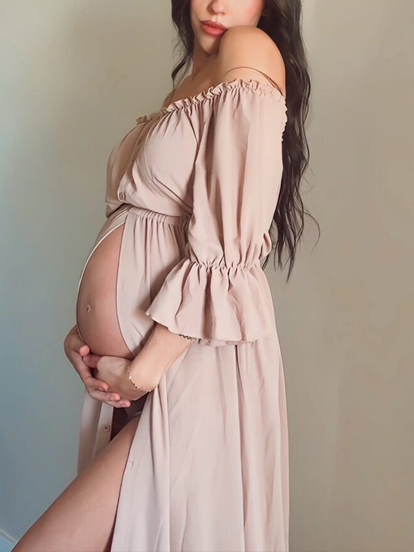 Momsmood Off Shoulder Buttons Front Slit Open Train Elegant Photoshoot Maternity Maxi Dress