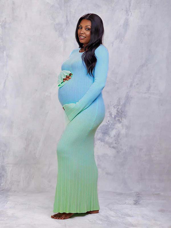 Momsmood Light Blue Hit Color Flare Sleeve Mermaid Elegant Photoshoot Baby Shower Maternity Maxi Sweater Dress