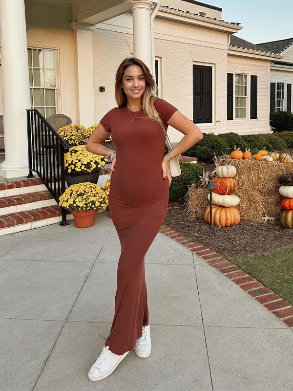 Momsmood Brown Solid Color Short Sleeve Bodycon Daily Casual Baby Shower Maternity Maxi Dress