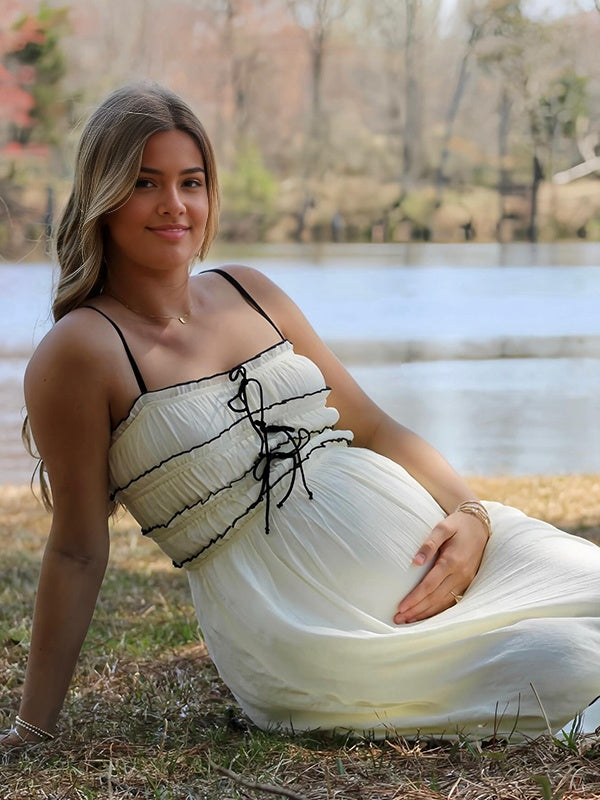 Momsmood  White lace-up Spaghetti Strap Splicing Party Vacation Party Baby Shower Maternity Photoshoot Maxi Dress
