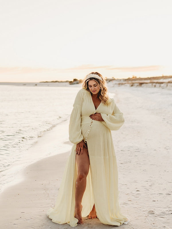 Momsmood Ivory White Single Breasted Open Front Big Swing Deep V-neck Robe Elegant Wedding Gown Maternity Boho Photoshoot Maxi Dress
