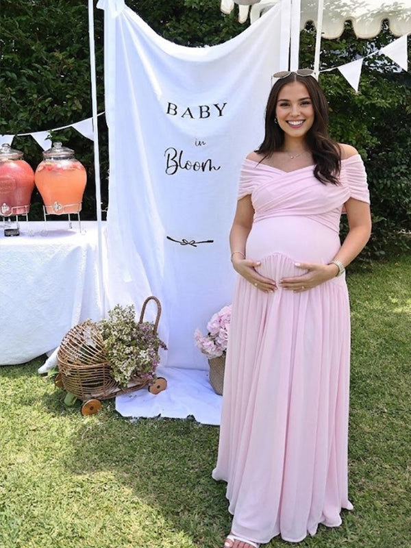 Momsmood Pink Criss-Cross Front Ruched Flowy Maternity Maxi Dress
