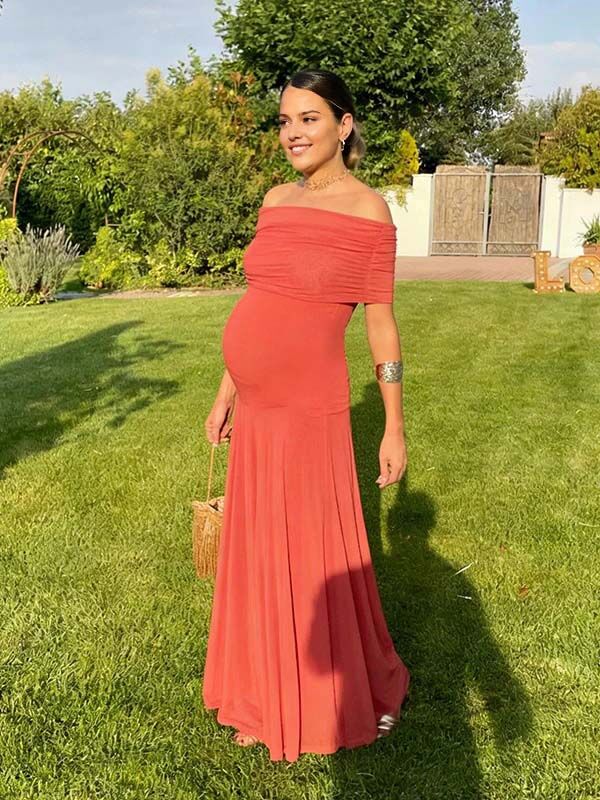 Momsmood Chic Mesh Off Shoulder Draped Cocktail Maternity Maxi Dress