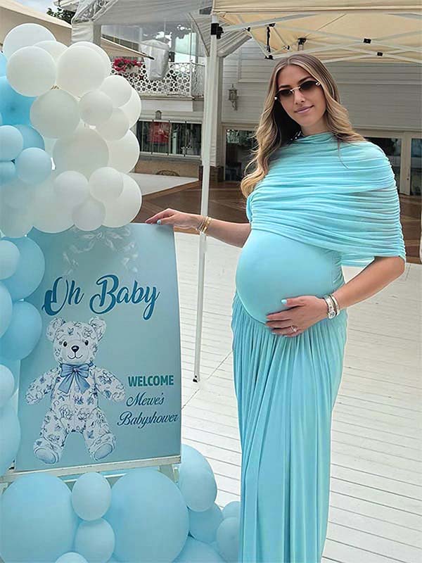 Light Blue Ruched Irregular Neck Baby Shower Maternity Maxi Dress