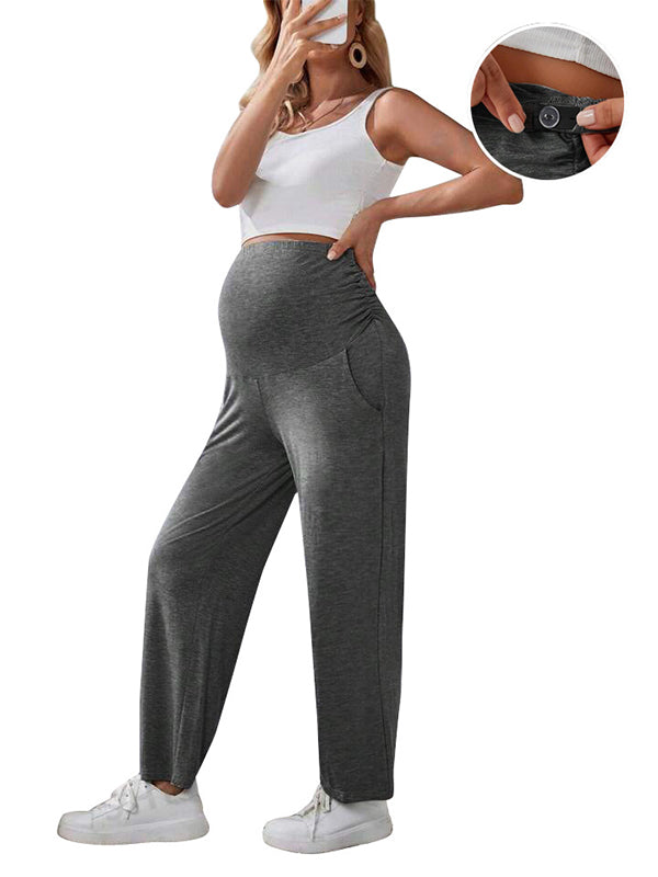 Momsmood Solid Color Pockets Over The Belly Comfy Loose Wide Leg Cozy Casual Daily Trousers Maternity Yoga Workout Pants