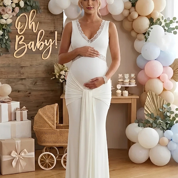 Elegant White Lace Ruched Draped Flowy Maternity Maxi Dress