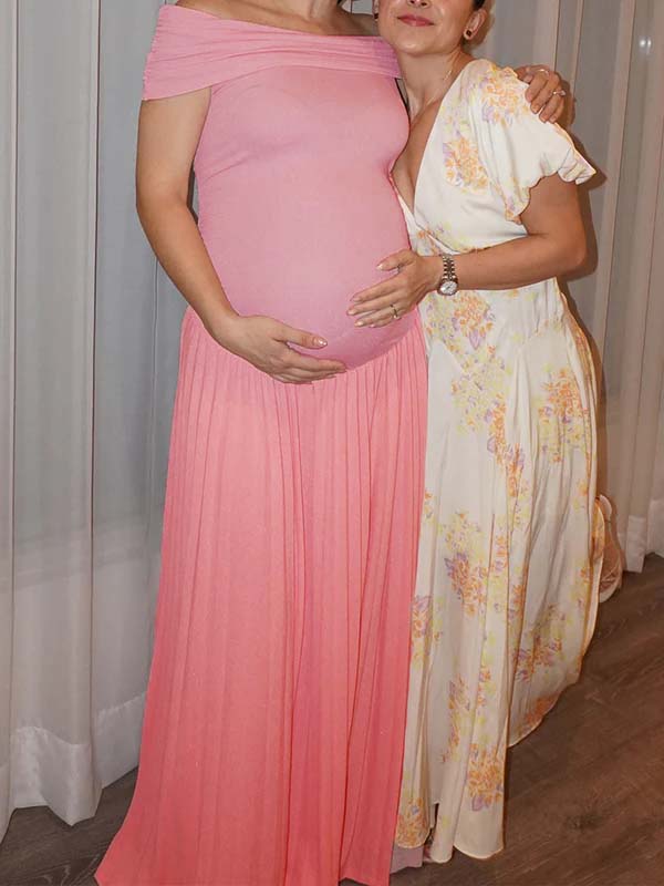 Momsmood Pink Off Shoulder Plated Ruched Big Swing Elegant Maternity Maxi Dress