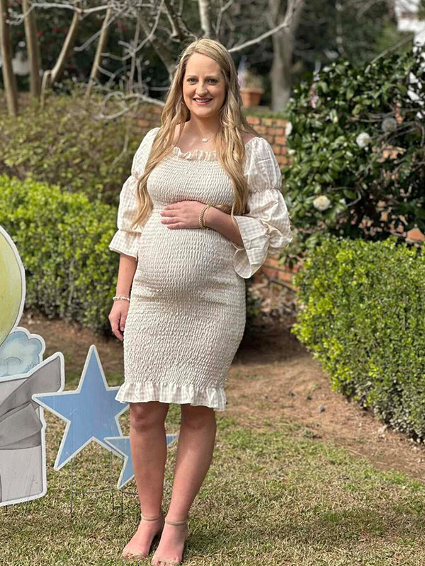 Momsmood Maternity Evening Ruffle Off Shoulder Long Sleeve Bodycon Baby Shower Midi Dress