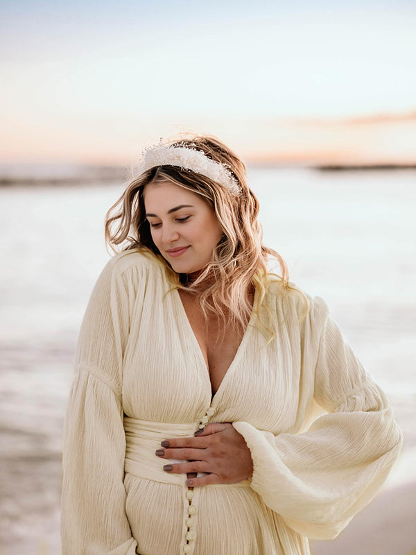 Momsmood Ivory White Single Breasted Open Front Big Swing Deep V-neck Robe Elegant Wedding Gown Maternity Boho Photoshoot Maxi Dress