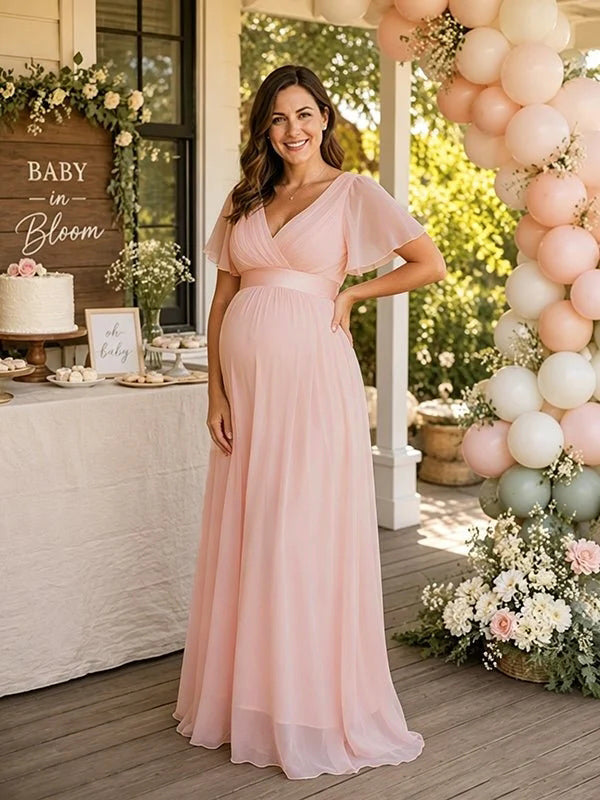 Elegant Pink Tulle Stretch Chiffon A-Line Flare Sleeve Maternity Maxi Dress