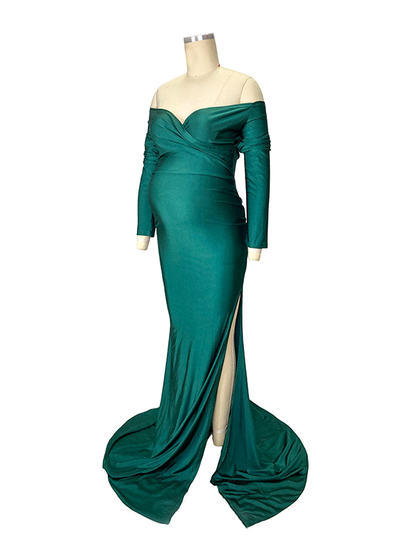 Momsmood Christmas Green Off Shoulder Long Sleeve High Split Bodycon Solid Baby Shower Evening Gown Maternity Maxi Dress