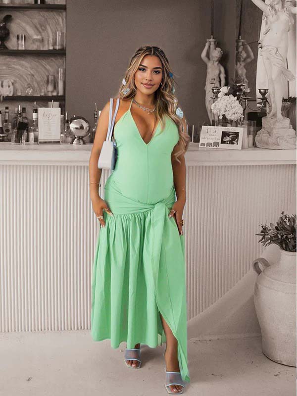 Green Side Slit Backless Bodysuit Baby Shower Maternity Maxi Dress