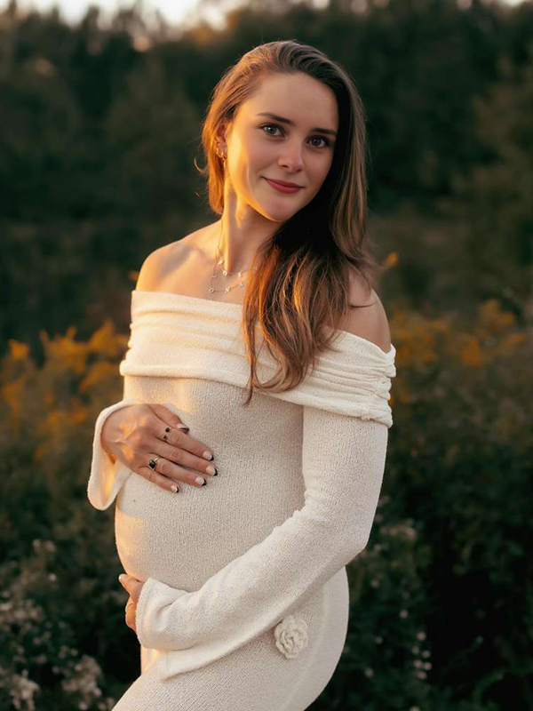 Momsmood White Off Shoulder 3D Flowers Knitting Sweater Photoshoot Maternity Maxi Dress