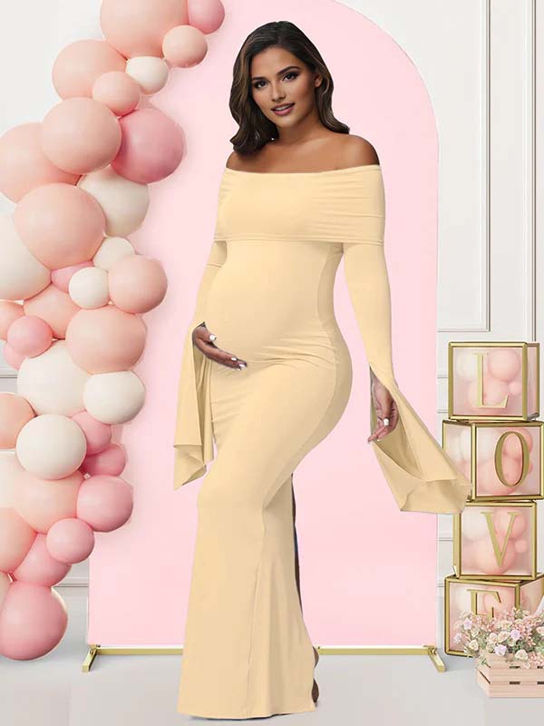 Momsmood Off Shoulder Flutter Sleeve Maternity Baby Shower Maxi Dress