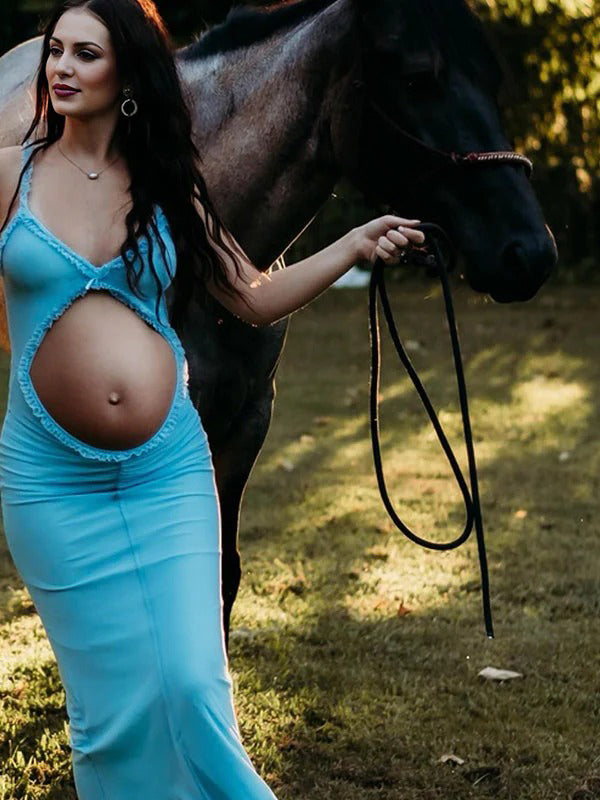 Momsmood Blue Tulle Ruffle Falbala Bow Cut Out Sleeveless Cami Bodycon Elegant Cocktail Party Gown Maternity Photoshoot Baby Shower Maxi Dress