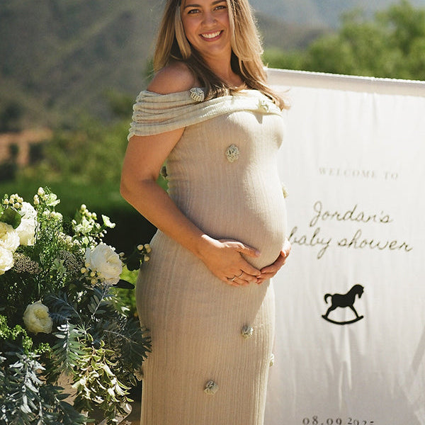 Momsmood Matcha Knit 3D Flowers Off Shoulder Elegant Maternity Maxi Dress