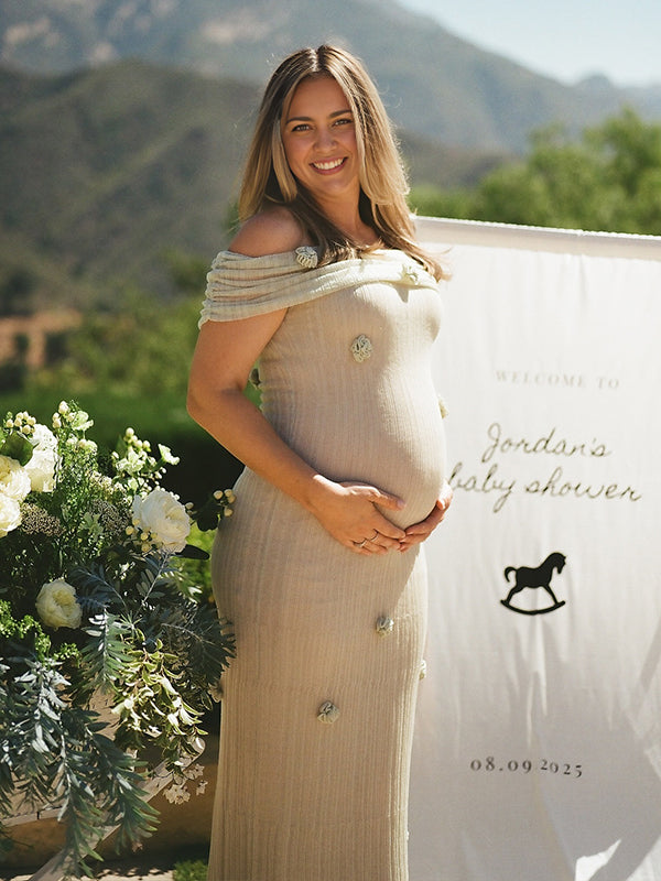 Momsmood Matcha Knit 3D Flowers Off Shoulder Elegant Maternity Maxi Dress