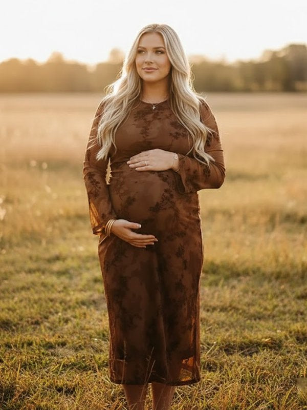 Momsmood Dark Brown Printed Mesh Ruffle Ruched Boho Maternity Maxi Dress