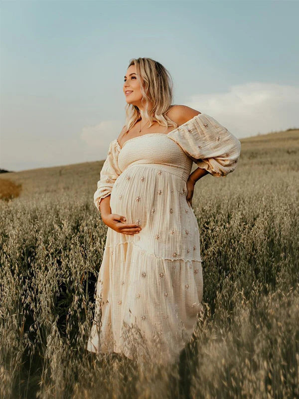 Momsmood Apricot Daisy Print Smocked Off Shoulder Ruffle Big Swing Elegant Vacation Maternity Photoshoot Baby Shower Party Maxi Dress