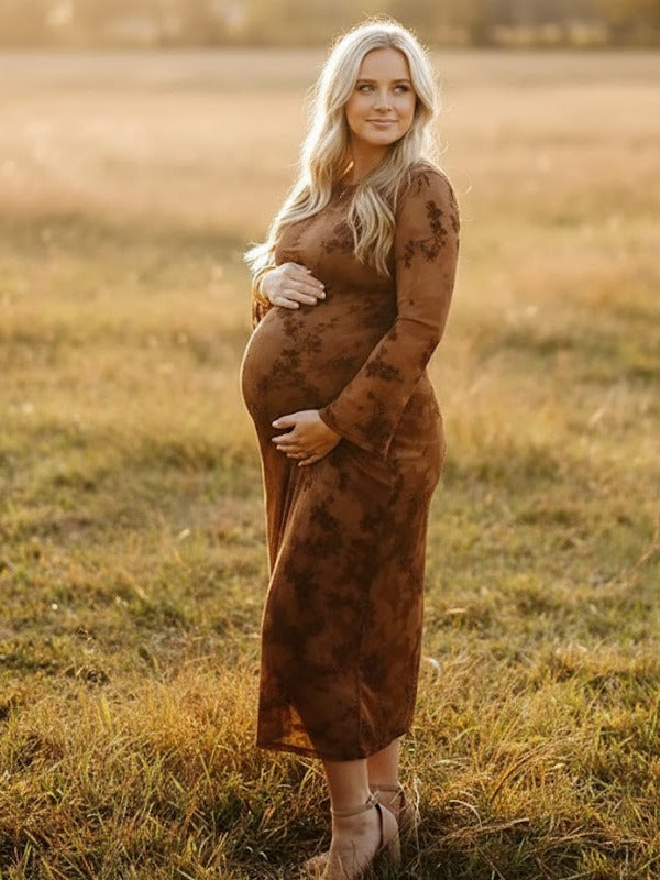 Momsmood Dark Brown Printed Mesh Ruffle Ruched Boho Maternity Maxi Dress