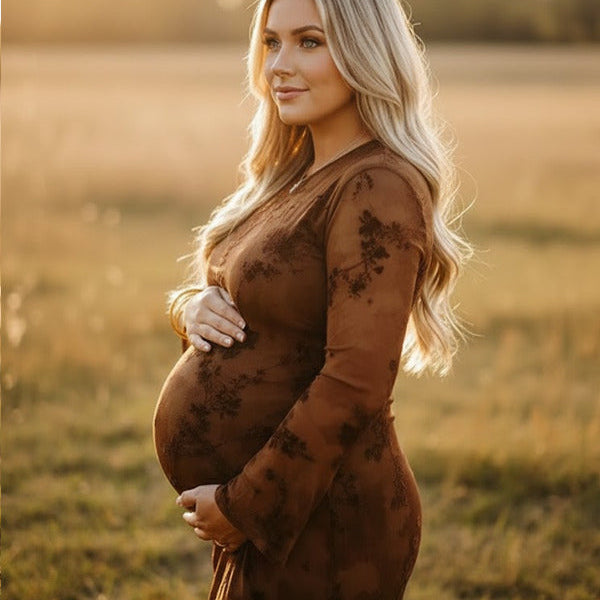 Momsmood Dark Brown Printed Mesh Ruffle Ruched Boho Maternity Maxi Dress