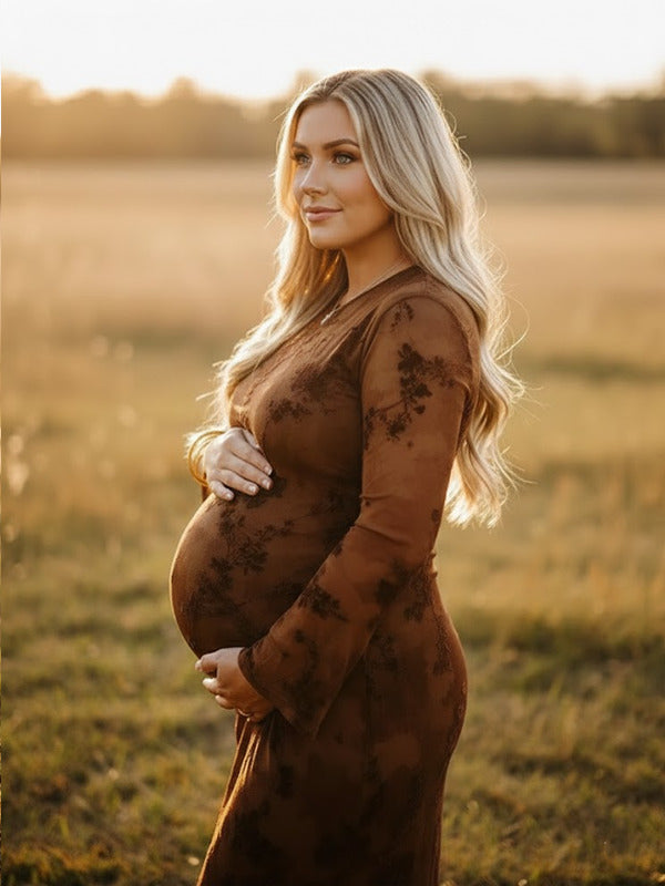Momsmood Dark Brown Printed Mesh Ruffle Ruched Boho Maternity Maxi Dress