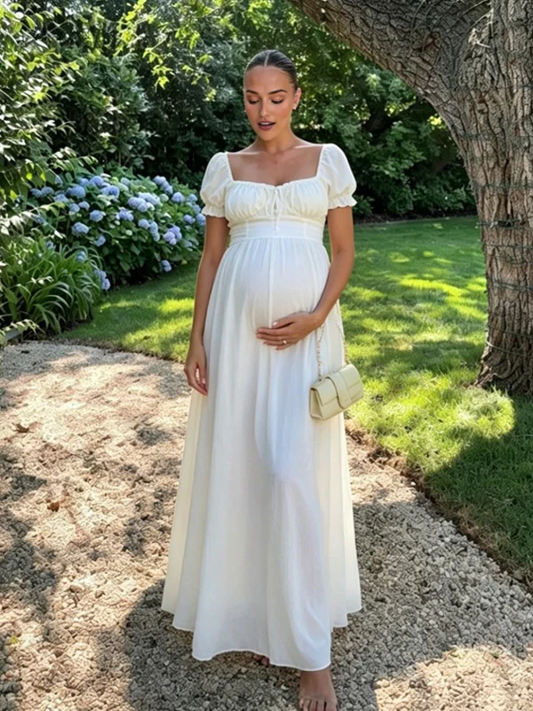 Momsmood Ruffle Ruched Lace-Up Big Swing Boho Maternity Maxi Dress