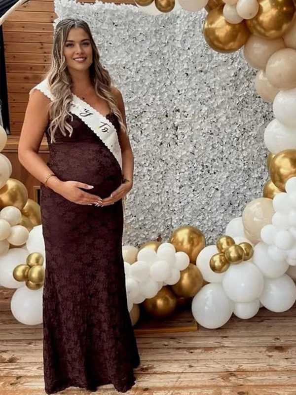 Momsmood Coffee Lace Hollow Out Cami V-neck Maternity Maxi Dress