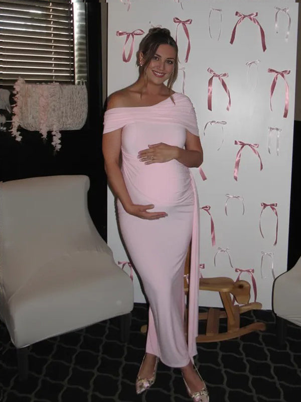 Pink Off Shoulder Draped Maternity Maxi Dress