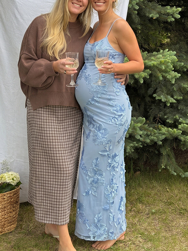 Momsmood Blue Floral Tie Shoulder Strap Cami Bodycon Maternity Maxi Dress