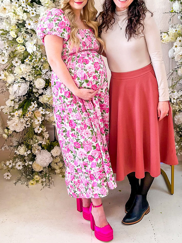 Pink Smoked Stamp Duty Plus Size Maternity Baby Shower Maxi Dress