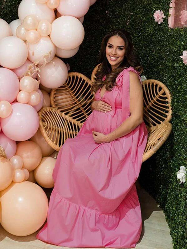 Momsmood Pink V neck Lace-up Open Back  Banquet Party Baby Shower Maternity Photoshoot Maxi Dress