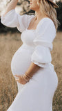 Momsmood White Ruffle Ruched High Waist Puff Sleeve Cute Photoshoot Maternity Maxi Dress