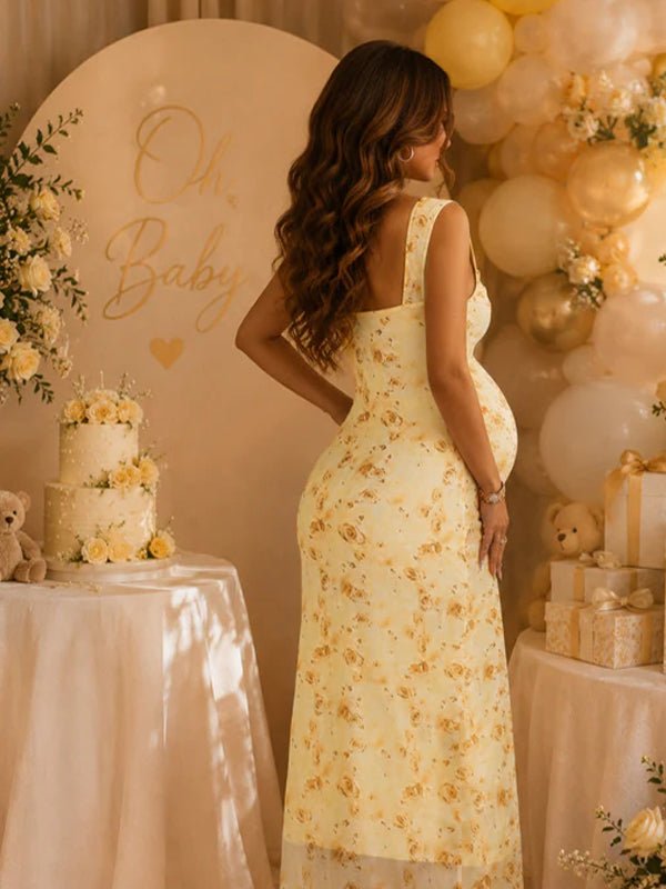 Spaghetti Strap Print Sheer Backless Grenadine Maternity Maxi Dress