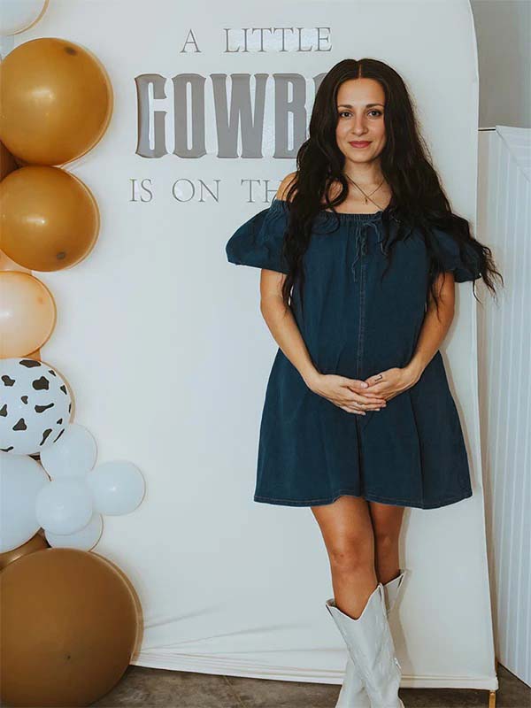 Dark Blue Denim Pockets Bow Baby Shower Maternity Mini Dress