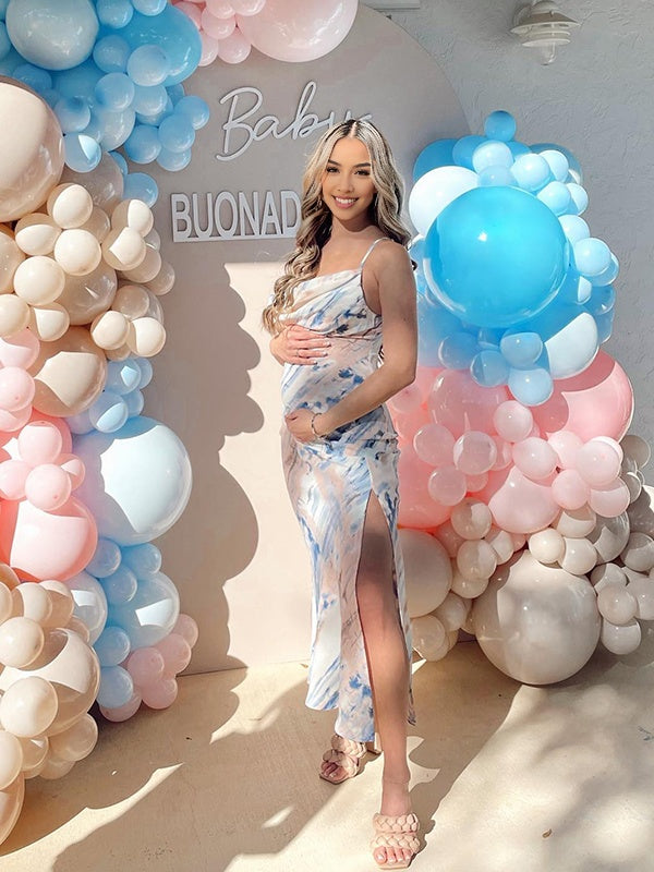 Momsmood  Spaghetti Strap Stamp Duty Ruched Vacation Beach Baby Shower Maternity Photoshoot Maxi Dress