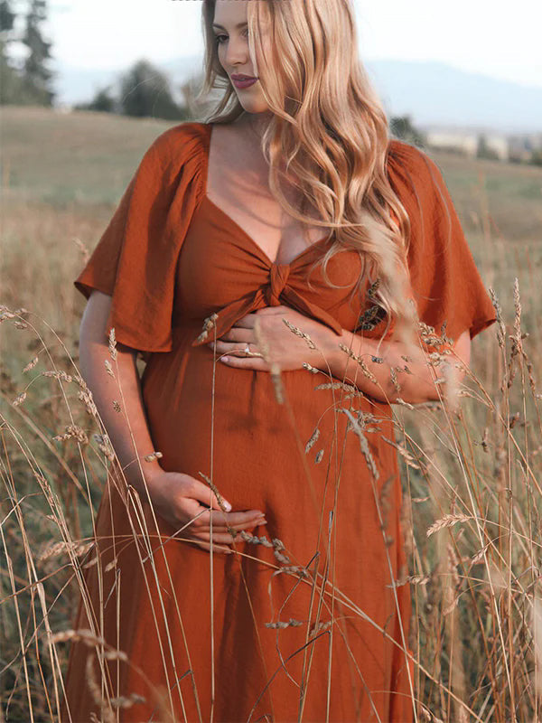 Momsmood Bow Flutter Sleeve Solid V-neck Flowy Beach Cute Photoshoot Baby Shower Maternity Maxi Dress