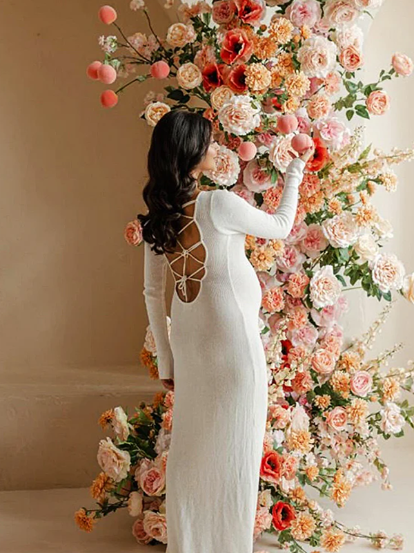 Momsmood White Backless Lace Up Bodycon Elegant Photoshoot Baby Shower Maternity Maxi Dress