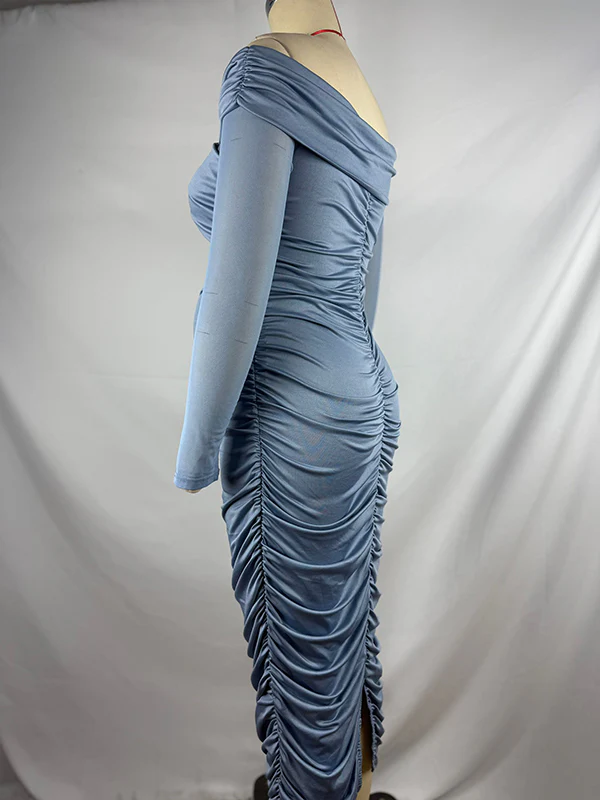 Momsmood Blue Ruched Off Shoulder Cross Chest Bodycon Elegant Wedding Guest Maternity Photoshoot Midi Dress