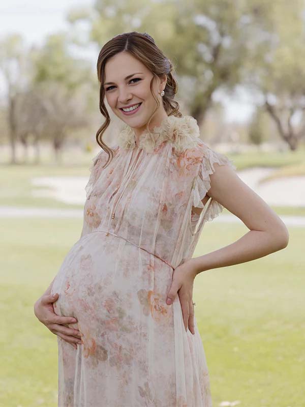 Apricot Floral Ruffle 3D Flowers Tie Flowy Photoshoot Maternity Maxi Dress
