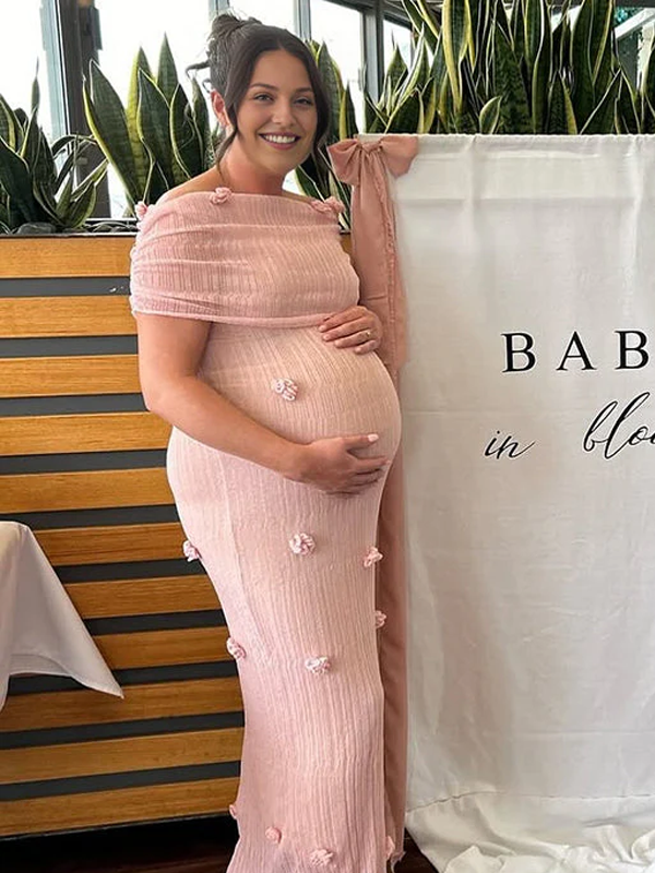 Momsmood Grenadine Off Shoulder 3D Flowers Bodycon Elegant Photoshoot Baby Shower Maternity Maxi Dress