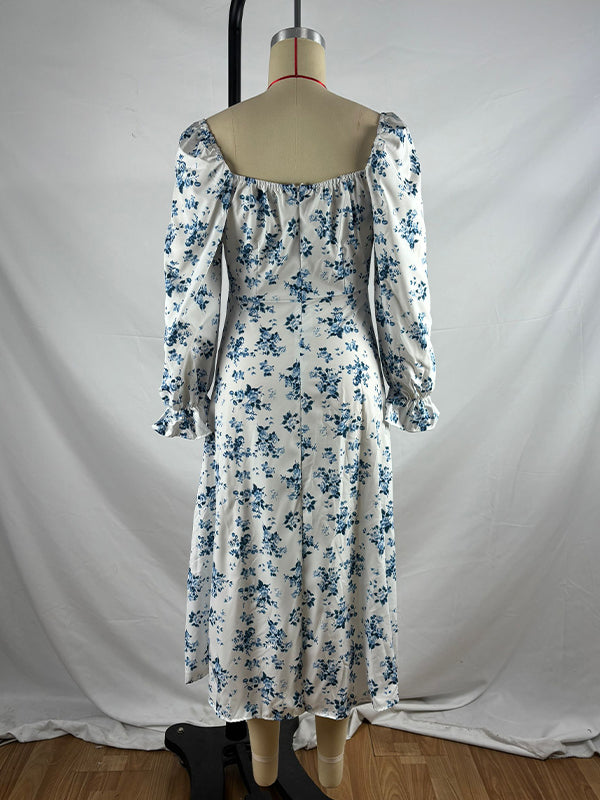 Momsmood White And Blue Flowers Side Slit Cross Lace Up Lantern Sleeve Gendeer Reveal Baby Boy Shower Maternity Maxi Dress