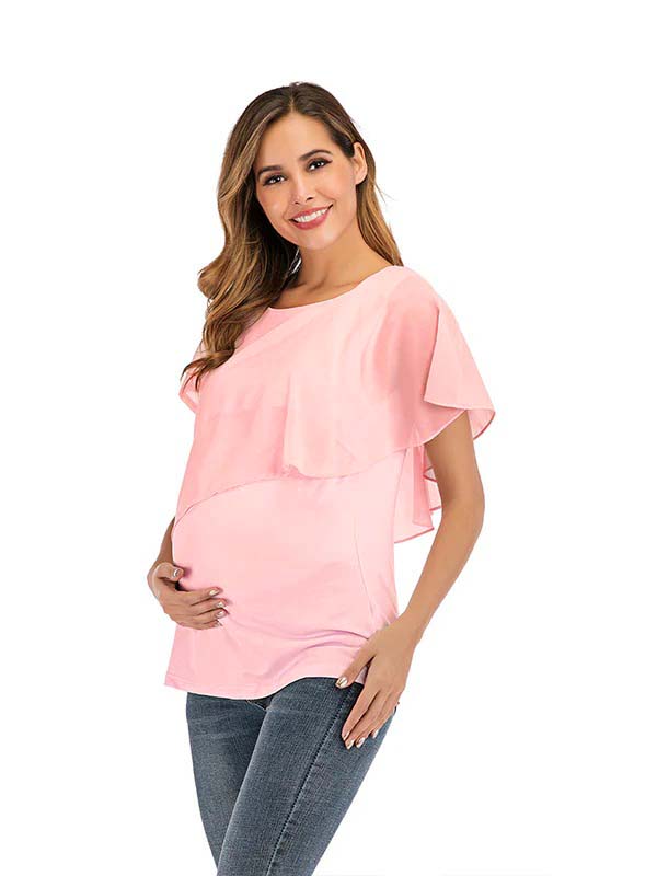 Momsmood Solid Color Chiffon Ruffle Falbala Round Neck Short Sleeve Breastfeeding T-shirt Basic Going Out Daily Maternity Nursing Top