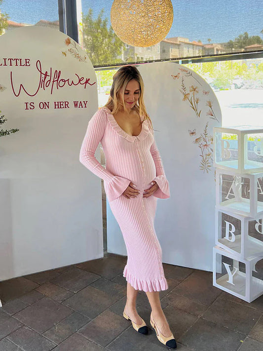 Momsmood Pink Knit Falbala Ruffle Hem Single Breasted Flare Sleeve Bodycon Elegant Hoing Out Maternity Babyshower Maxi Sweater Dress