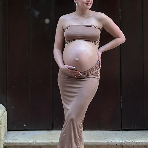 Skin Colour Two Piece Bodycon Maternity Photoshoot Maxi Dress