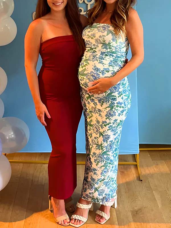 Blue Floral Strapless Bodycon Maternity Maxi Dress