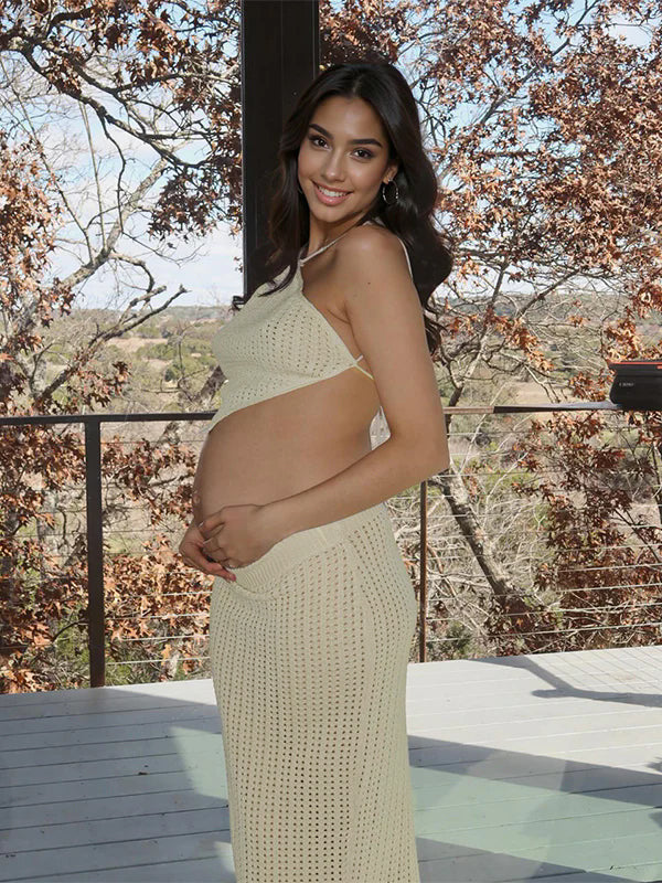 Momsmood Beige 2 Piece Halter Neck Crochet Fashion Beach Vacation Bodycon Maternity Maxi Dress